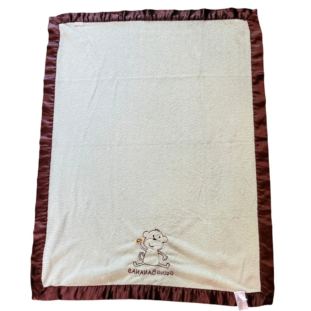 Carters Going Bananas Monkey Baby Blanket Sage Green Brown Satin  Trim 29x38